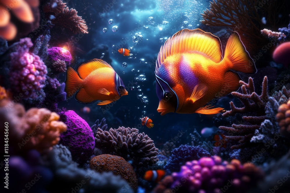 Poster a pixel art underwater scene with animated fish, glowing coral, and a scuba diver exploring the dept
