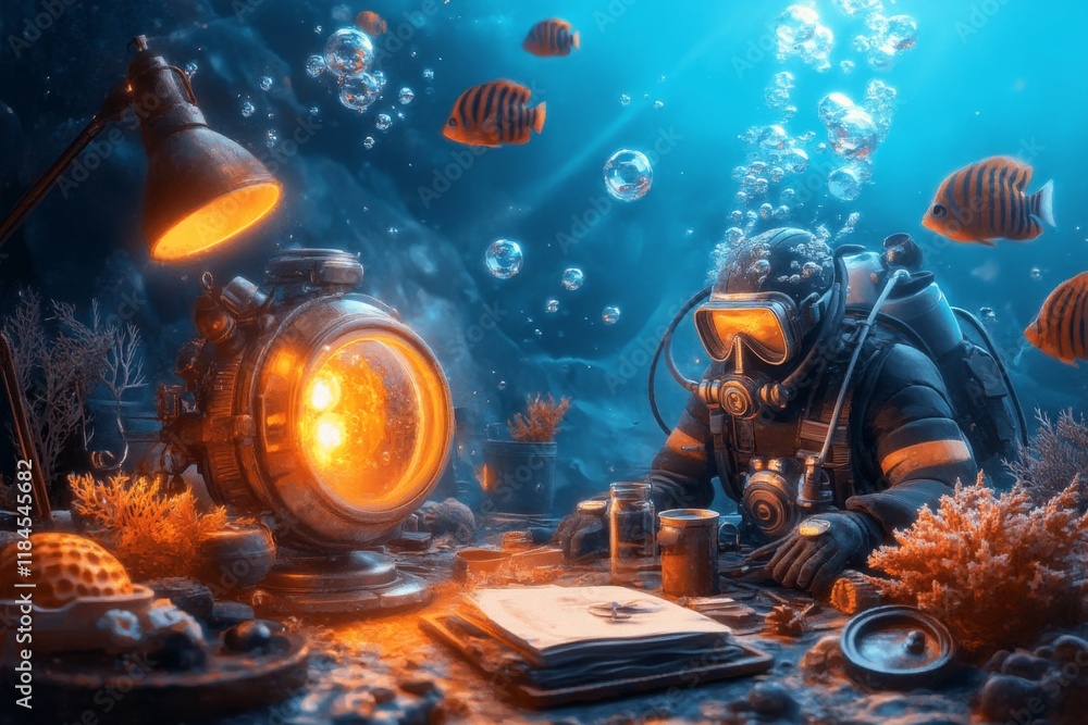 Poster a pixel art underwater scene with animated fish, glowing coral, and a scuba diver exploring the dept