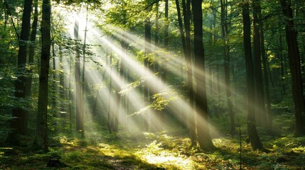 Fototapeta premium Enchanting Sunlight Filters through Verdant Forest Canopy Creating Ethereal Ambiance