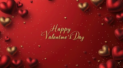 Elegant valentine's day background with glittering red and gold hearts. The 14th of February. Happy Valentine's Day