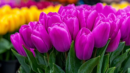 Fototapeta premium Vibrant purple tulips in full bloom, surrounded by colorful flowers, create a stunning floral display that brightens any setting.