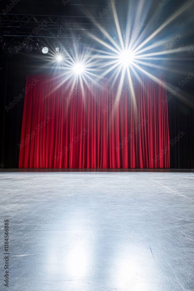 Poster empty stage with red curtains and bright spotlights in a theater setting