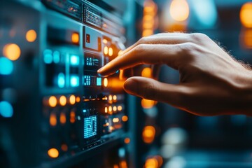 A server room with rows of glowing blue lights, indicating system updates in progress
