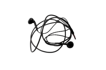 Black wired headphones isolated on white background. Modern gadgets for communication