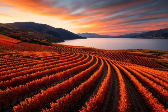 A serene vineyard in the Canelones region, with rows of grapevines stretching into the horizon under a soft sunset