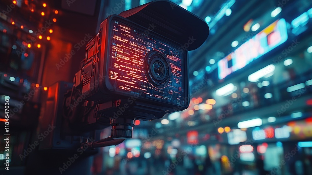 Poster futuristic surveillance camera with illuminated digital interface in urban setting
