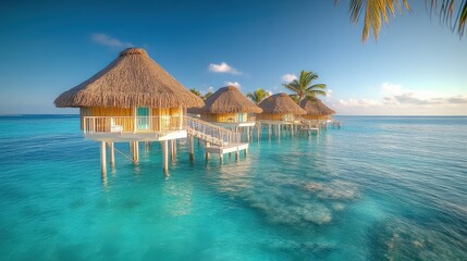 Fototapeta premium Overwater bungalows, turquoise lagoon, tropical paradise