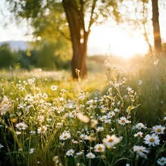 Fototapeta premium Vibrant Summer Meadow with Blooming Daisies in Warm Sunset Light