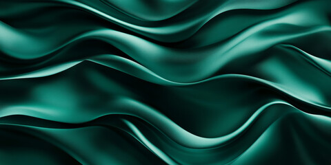 Fototapeta premium Deep jade green silk background. Draped satin with metallic shimmer and soft shadow waves. Elegant blank design template.
