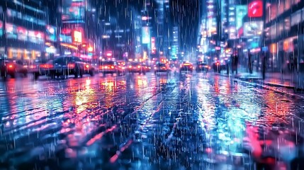 Fototapeta premium Rainy City Nightscape: Vibrant Lights Reflecting on Wet Streets