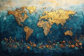 creative environmental collage combining various natural textures and cultural patterns forming earths continents and oceans in mixed media style