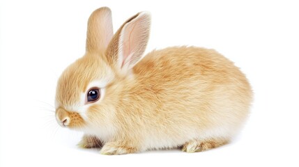 Obraz premium A young rabbit with soft, golden fur sits quietly on a smooth white surface. Its large eyes express curiosity, while its ears are perked up, showcasing its playful demeanor