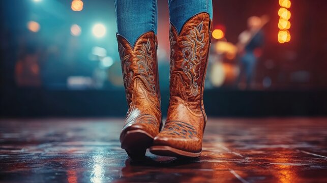 Cowboy boots on wooden dance floor in vibrant honky tonk bar setting