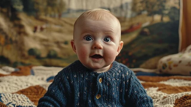 Baby with joyful expression sitting on a colorful blanket in a cozy indoor setting