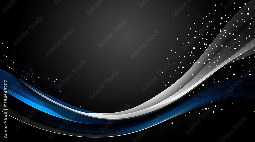 Poster abstract blue and white wave on dark background with sparkles