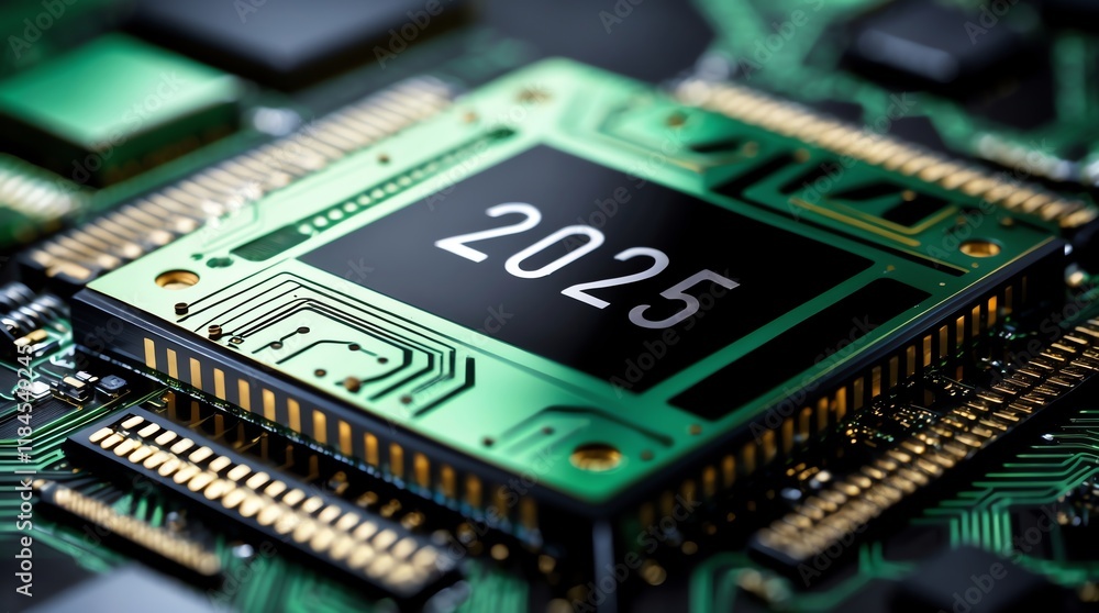 Poster a close-up of a microchip featuring the year 