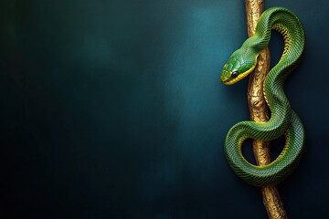 Green snake wrapped around a wooden stick and hanging against a dark blue background with copy space, banner for New Year 2025.