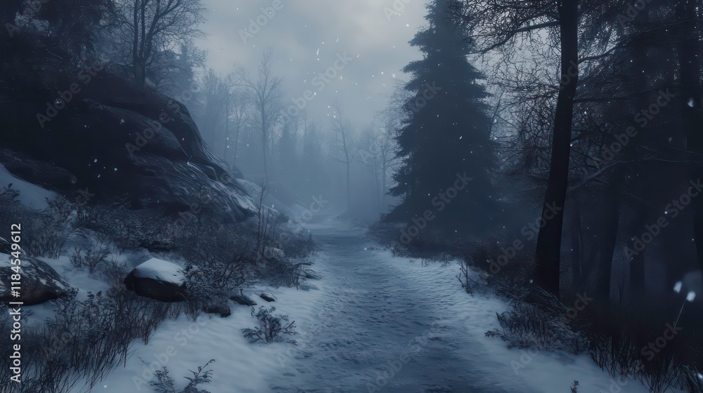 Poster snowy path through a winter forest with foggy atmosphere.