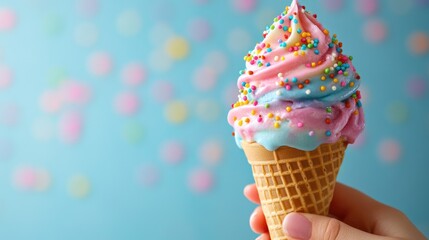 Colorful ice cream cone with sprinkles against a vibrant background