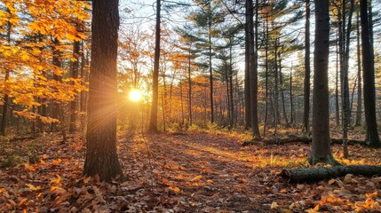 Fototapeta premium Vibrant Autumn Foliage Illuminated by Warm Sunlight in Serene Forest Landscape