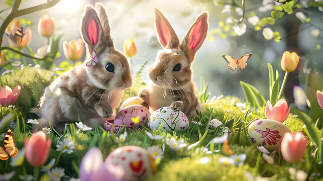 Cute rabbits decorate colorful easter eggs surrounded by blooming flowers and butterflies in a sunny garden setting