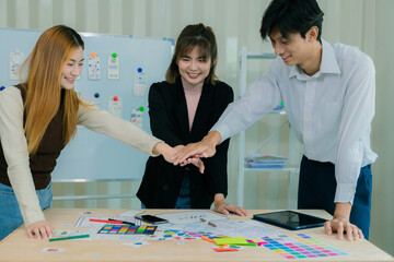 Fototapeta premium Application development UI UX web designer team is working together to develop a mobile responsive website with UI UX front end designer examples,