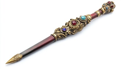 Ornate Gemstone-Studded Magic Wand with Intricate Golden Filigree Detailing and a Polished Wooden Shaft, Ready for Fantasy Adventures