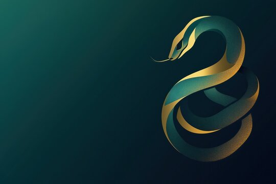 Logo design featuring golden snake with teal background in vector style, minimalistic, modern and elegant composition with copy space. New Year 2025 concept.