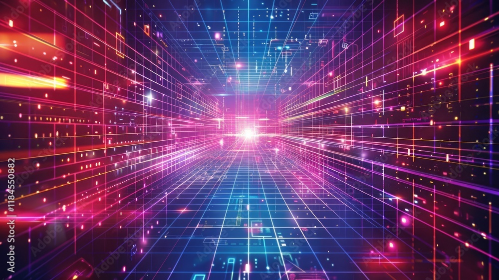 Poster a vibrant abstract grid background showcasing future concepts with dynamic light patterns. perfect f