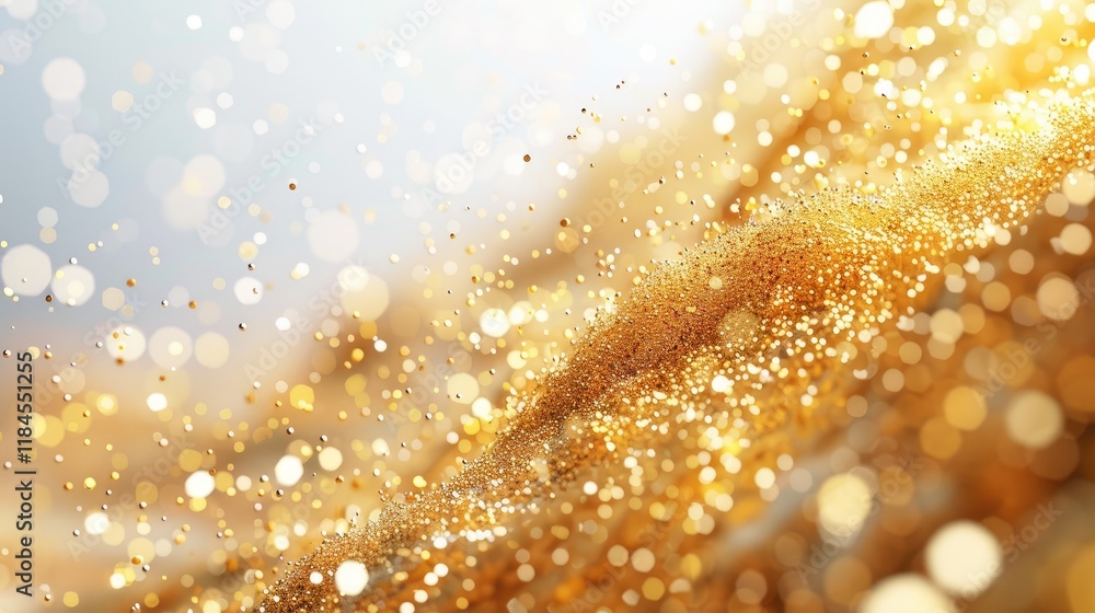 Poster a vibrant display of shimmering gold particles against a bright background, creating an abstract and
