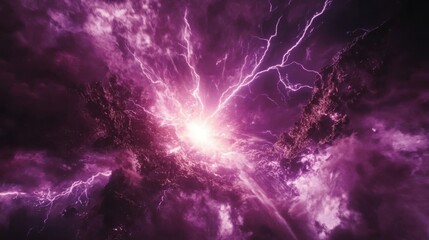 Colors and energy collide in a vibrant display of purple lightning illuminating a dramatic cloud formation in the night sky