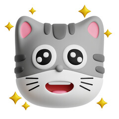 Adorable amazed cat emoji with shining stars isolated on transparent background. 3d illustration of cartoon gray cat head.