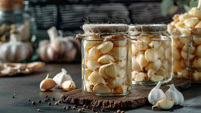 canning garlic on the table. Selective focus