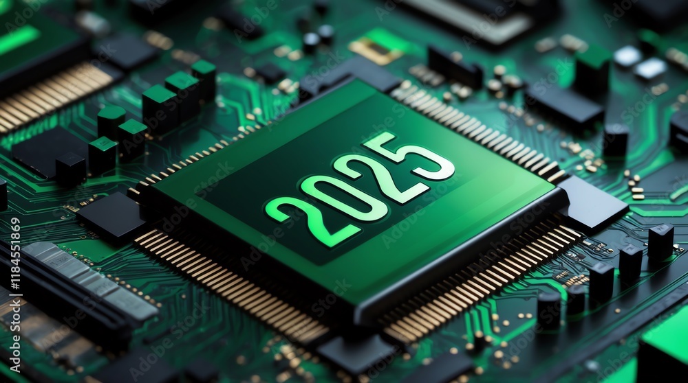 Poster a close-up of a circuit board featuring a chip with the year 2025 displayed prominently.