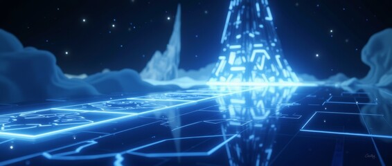 A glowing, translucent pyramid-shaped structure on a dark, abstract landscape. The background is a starry night sky.