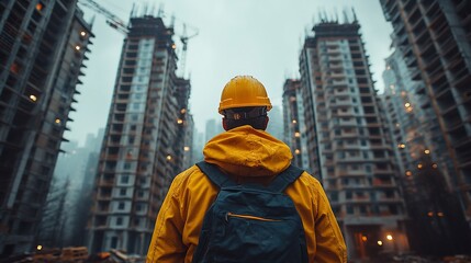 Construction worker in yellow raincoat and helmet looking at new buildings.