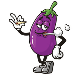 Smoking Eggplant Cartoon Character Mascot Illustration Vector Clip-art Hand-drawn Logo Design