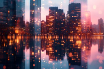 Obraz premium A sunset view of an urban skyline, with glowing windows reflecting hues of orange and purple against the sky