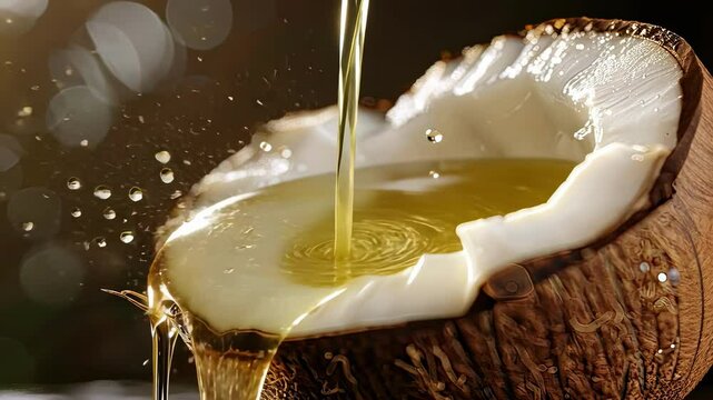 close up of dripping coconut oil. Selective focus