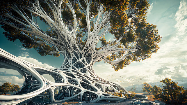 A tree with a lot of branches and leaves is shown in a cloudy sky