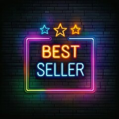 Neon Sign Best Seller with Stars on Dark Brick Wall Background
