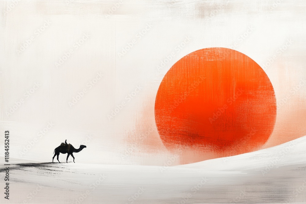 Poster a stylized representation of a camel walking in the desert under the dubai sun, drawn with clean sha