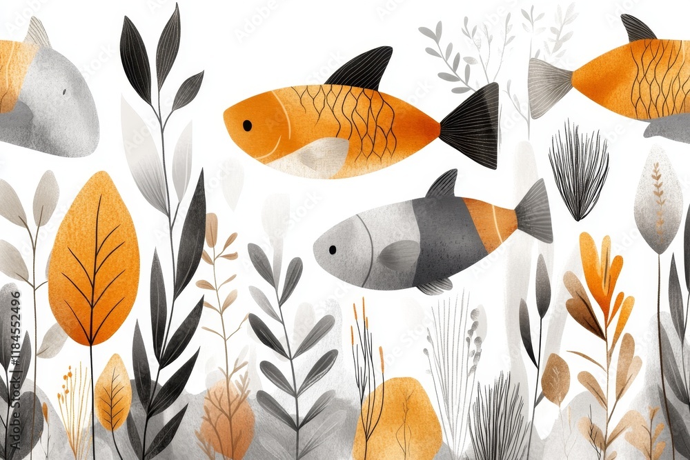 Poster a stylized representation of a coral reef with abstract shapes representing fish and plants in a cle