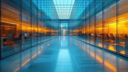 Fototapeta premium Modern Office Corridor with Glass Walls and Bright Lighting
