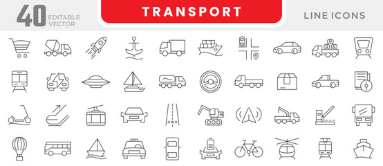Transport line icon set. bus, car, truck, taxi, train, tram, bicycle, motorbike, scooter, transportation, vehicle, electric car line icon set. UI thin line icon pack.