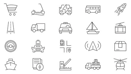 Transport line icon set. bus, car, truck, taxi, train, tram, bicycle, motorbike, scooter, transportation, vehicle, electric car line icon set. UI thin line icon pack.