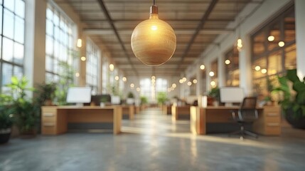 Fototapeta premium Modern Industrial Office Interior with Sunlight Streaming Through Large Windows and Unique Pendant Lighting