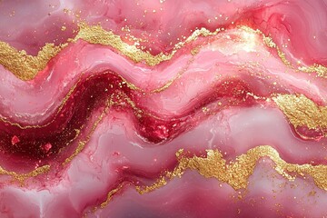 Obraz premium A vibrant abstract design featuring pink, red, and gold swirls, perfect for backgrounds and decor.