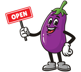 Eggplant with open sign,      Cartoon Character Mascot Illustration Vector Clip-art Hand-drawn Logo Design