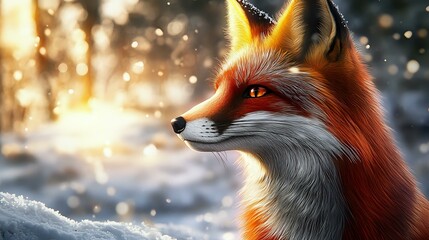 A closeup of a digital art depiction of a fox with vivid red fur, sharp ears and a softly glowing snowy background, focused and well-lit